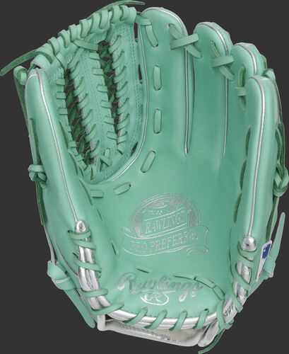 Ocean mint palm of a Marcus Stroman Pro Preferred glove with mint laces and silver stamping - SKU: PROS206-MSO