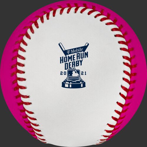 The 2021 MLB Home Run Derby logo stamped on the white side of a Home Run Derby money ball - SKU: RSGEA-ROMLBMB21-R