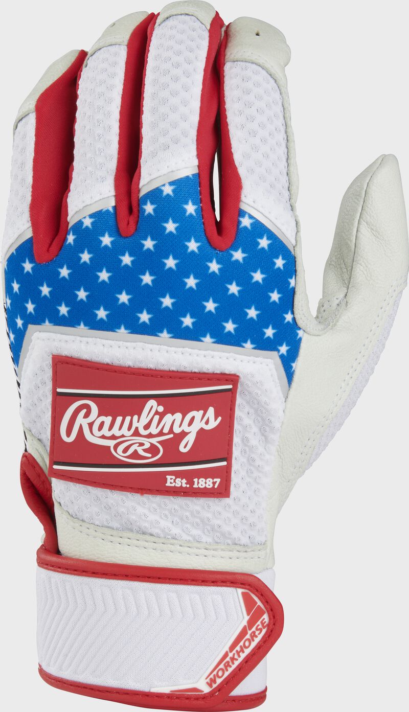 Back of a 2022 Rawlings Workhorse USA adult batting glove - SKU: WH22BG-USA