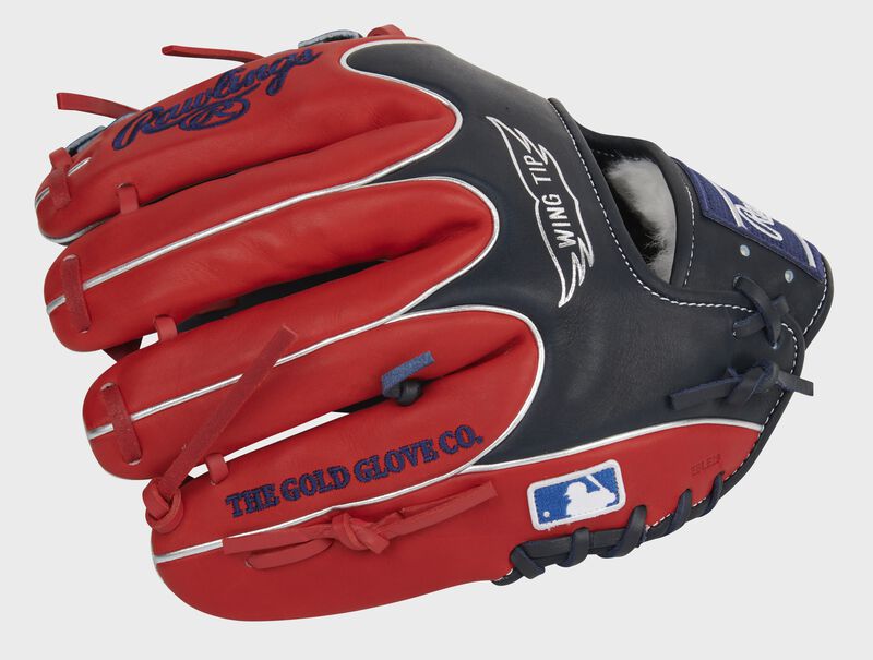 Scarlet back of a Pro Preferred Wing Tip infield glove with the MLB logo on the pinkie - SKU: PROS204W-2NS loading=