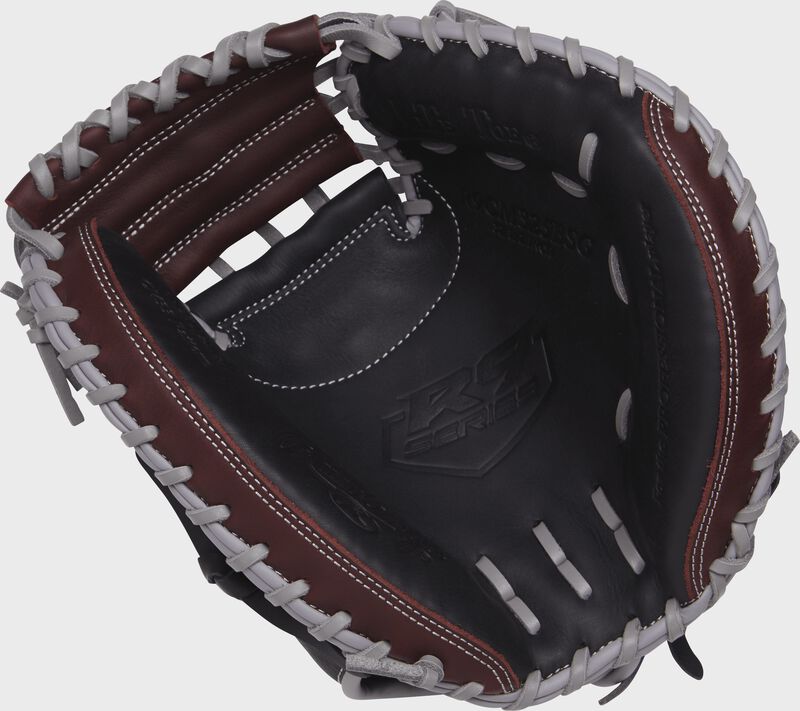 R9CM325BSG Rawlings 32.5-inch R9 catcher's mitt with a black palm, dark sherry palm and grey laces