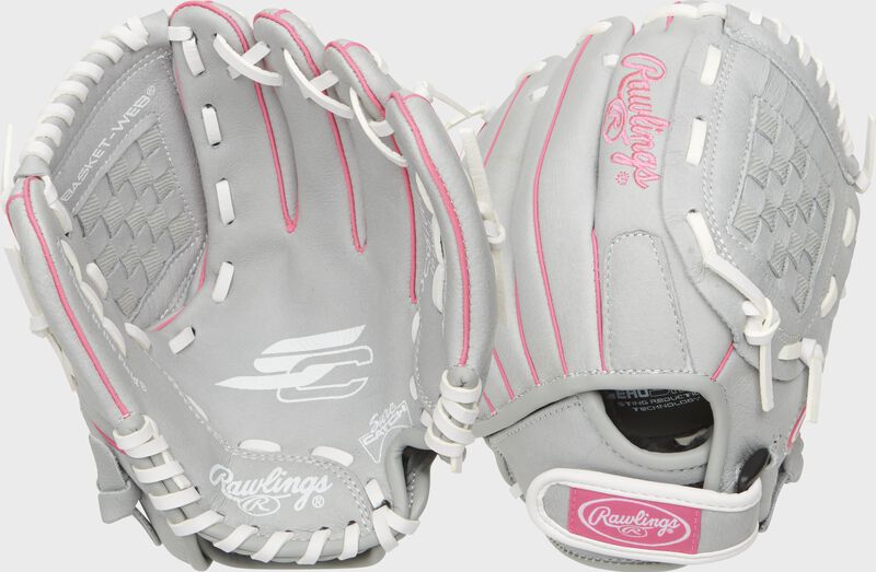 Two images showing the palm & back of a gray Sure Catch softball 10" youth glove