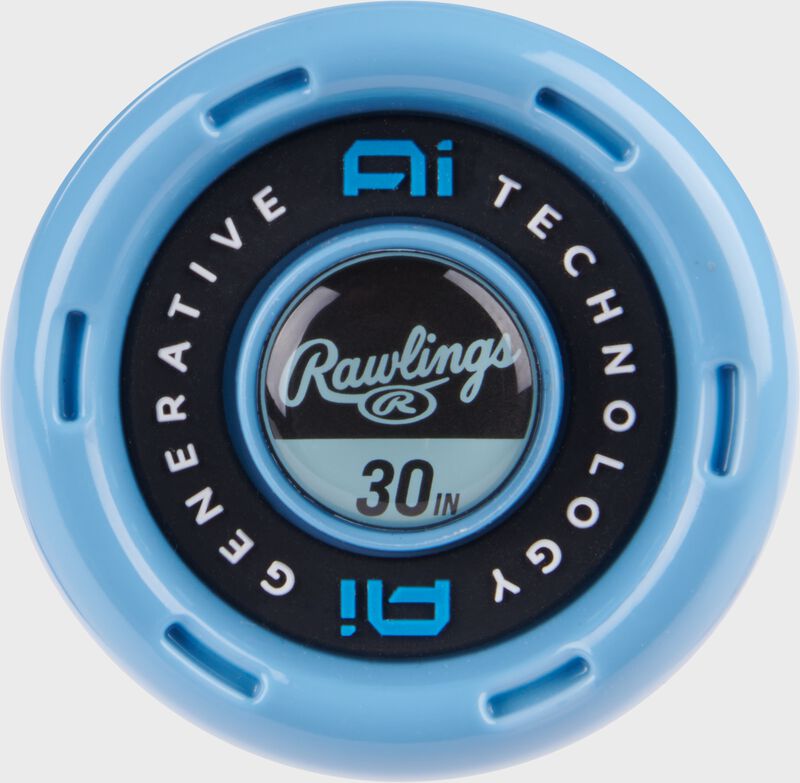 Black/blue knob of a Rawlings Clout USSSA 30 inch -10 bat