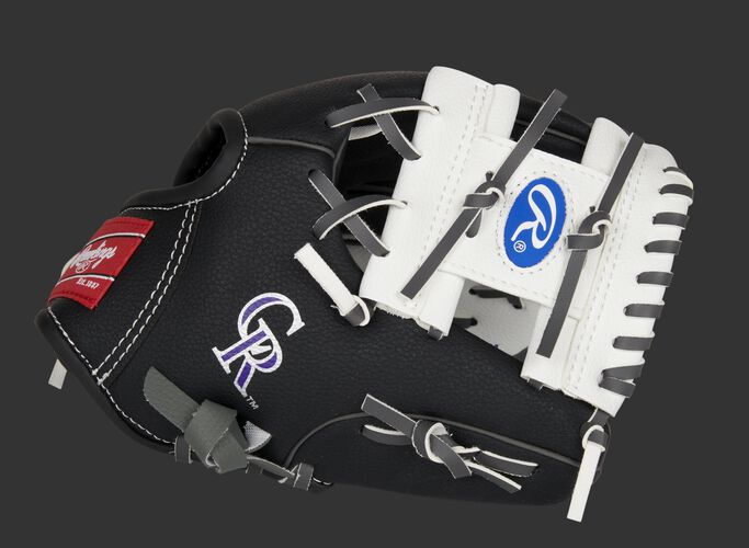 Thumb of a black/white Colorado Rockies 10-Inch team logo glove with a white I-web and Rockies logo on the thumb - SKU: 22000025111
