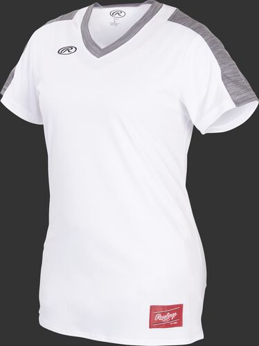 Front of Rawlings Women's White/Gray Adult Short Sleeve Launch Jersey - SKU #WLNCHJ-DG-89