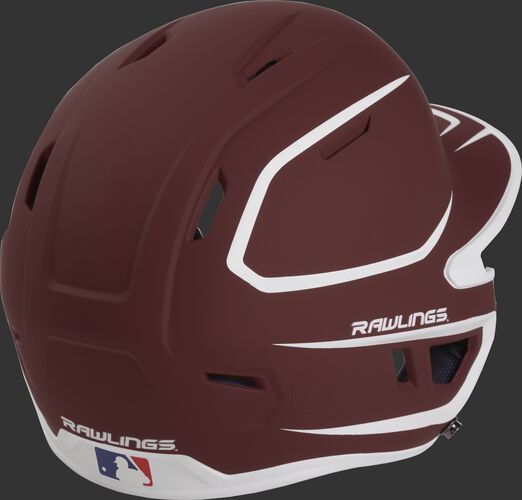 Back right of a two-tone matte cardinal/white MACH Rawlings senior size batting helmet