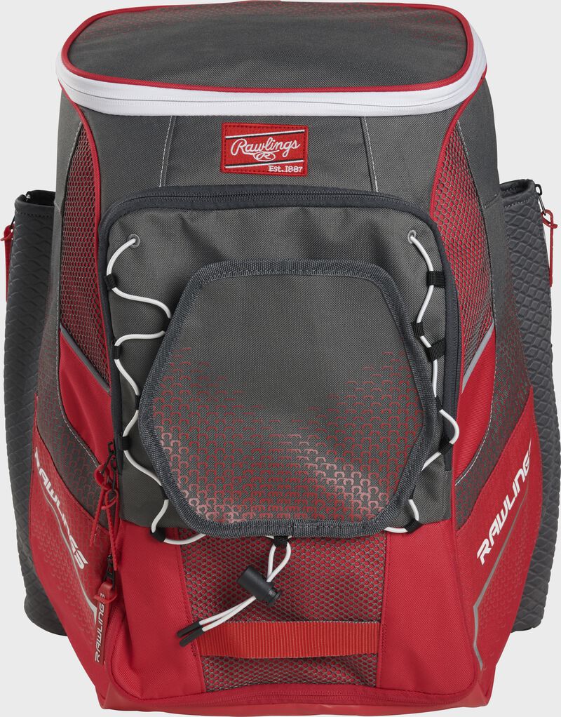 Front of a scarlet Impulse baseball backpack with a gray front pocket - SKU: IMPLSE-S