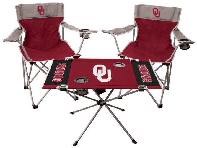 Front of Rawlings Crimson and Grey NCAA Oklahoma Sooners 3-Piece Tailgate Kit With Two Kickoff Chairs, An Endzone Table, And A Transport Bag With Team Logo SKU #00993045511