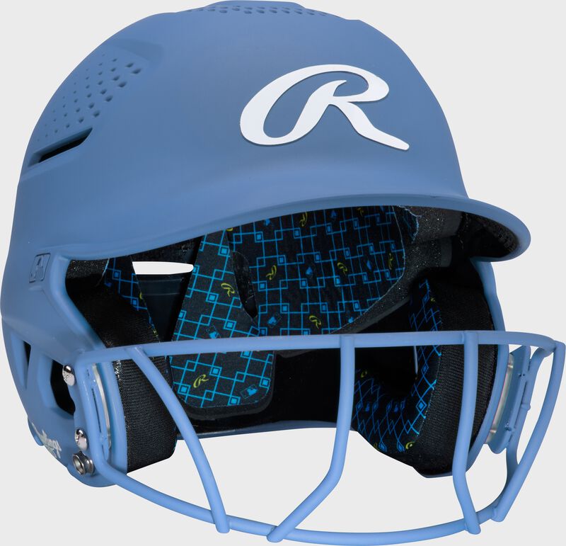 Front right of a Columbia blue Rawlings RX2 fastpitch batting helmet loading=