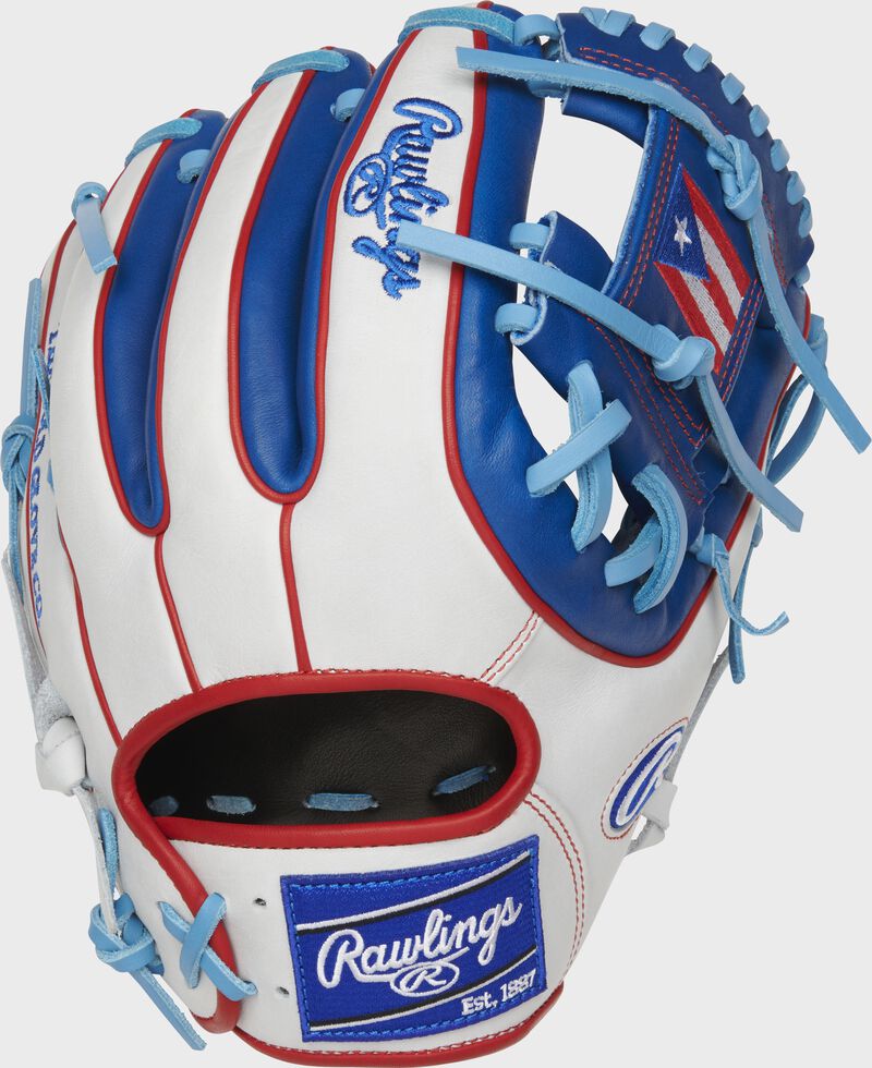 PRO314-2PR Heart of the Hide 11.5-Inch Puerto Rico infield glove with a white back/royal trim and scarlet double-welting