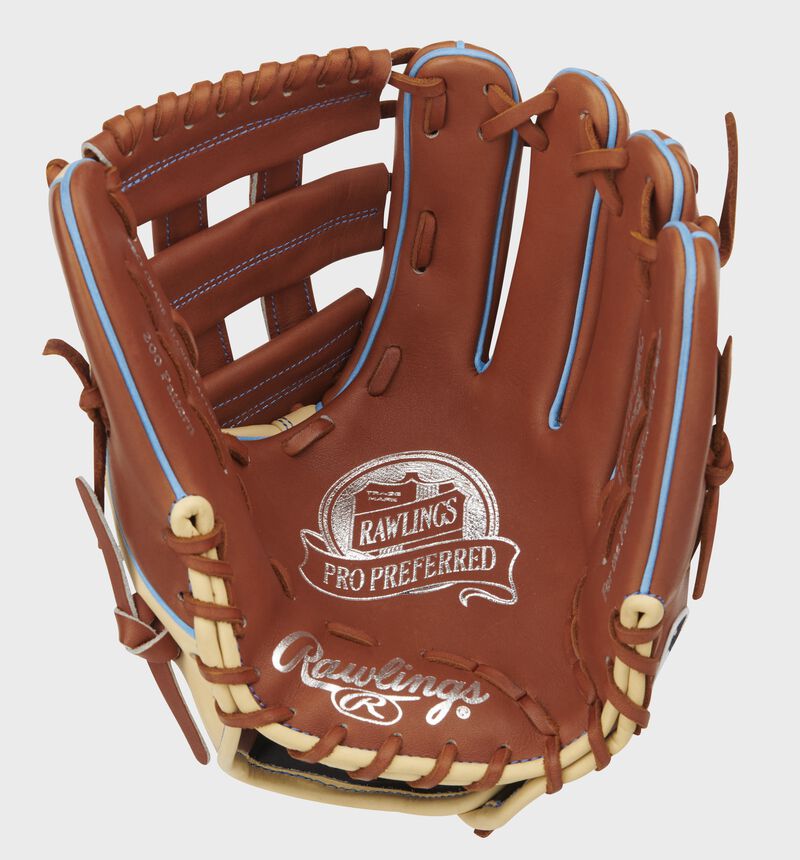 Bruciato palm of a Pro Preferred H-web infield glove with gold stamping and tan laces - SKU: PROS205W-6BRC