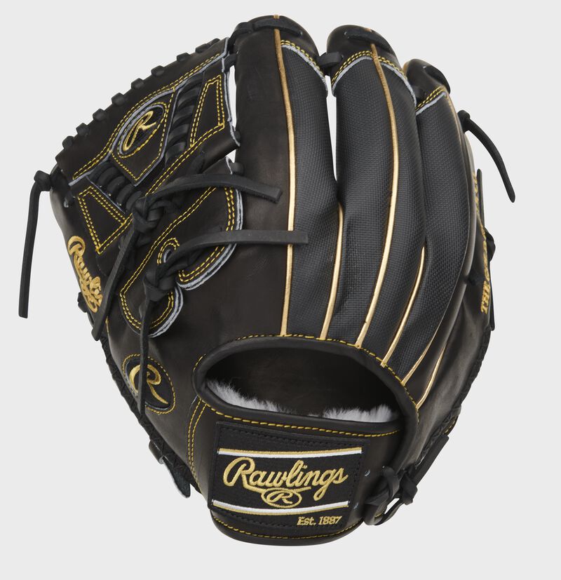 Black Speed Shell back of a Pro Preferred infield/pitcher's glove with a black Rawlings patch - SKU: PROS205-30BG