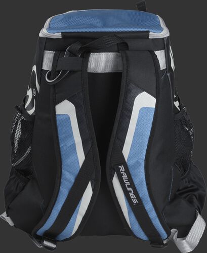 Back of black/columbia blue R500 Players team backpack with black/columbia blue shoulder straps