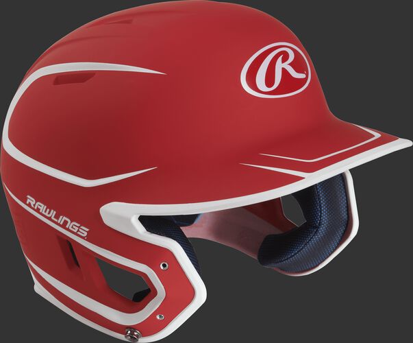 Right angle view of a matte MACH Senior batting helmet with a scarlet/white shell