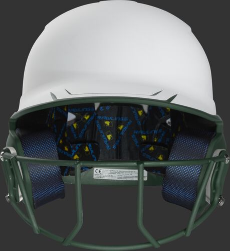 Front of a white/dark green Mach fastpitch softball helmet with a dark green mask - SKU: MSB13S-W/DG