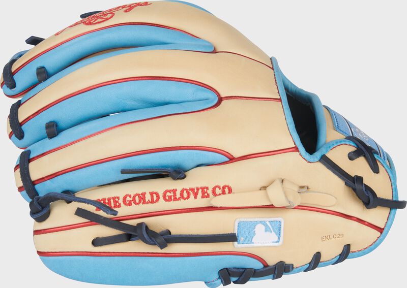 Back of a camel/Columbia blue Heart of the Hide 11.5-Inch Infield Glove with the MLB logo on the pinky
