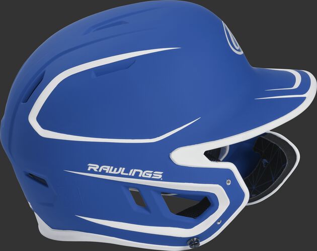 Right side of a MACHEXTR senior Rawlings batting helmet with a two-tone matte royal/white shell