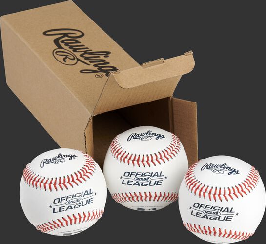 3 Rawlings practice balls in front of an open box - SKU: RSGROLB2PK3