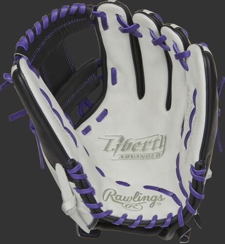 RLA715SB-2PU Rawlings Liberty Advanced Color Series glove with a white palm, black web and purple laces
