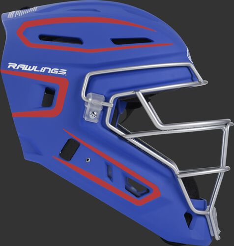 Right side of a royal/scarlet CHV27J Velo 2.0 adult size catcher's helmet