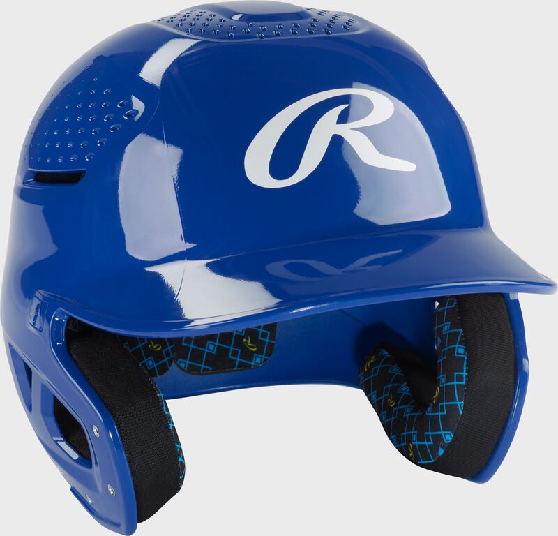 Front right of a royal Rawlings RX2 gloss baseball batting helmet loading=