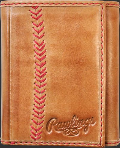 A tan MW478-204 Baseball Stitch tri-fold wallet folded close with red stitching on the left and embossed Rawlings logo