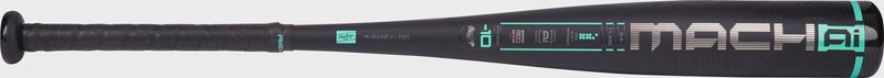 Side image of a black Mach AI USSSA -10 bat with the Mach AI logo on the barrel