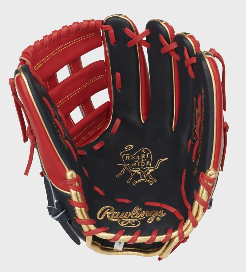 Navy palm of a Heart of the Hide infield glove with a scarlet web, gold stamping and scarlet laces - SKU: PRO315-6NS
