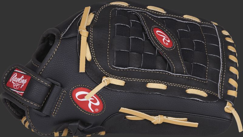 Thumb view of a black RSS125C RSB 14-inch outfield glove with a black Basket web with support strap