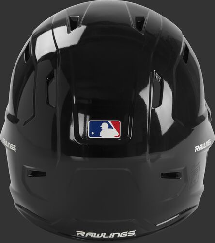 Back of a gloss black MCC01 Mach batting helmet with the MLB logo sticker
