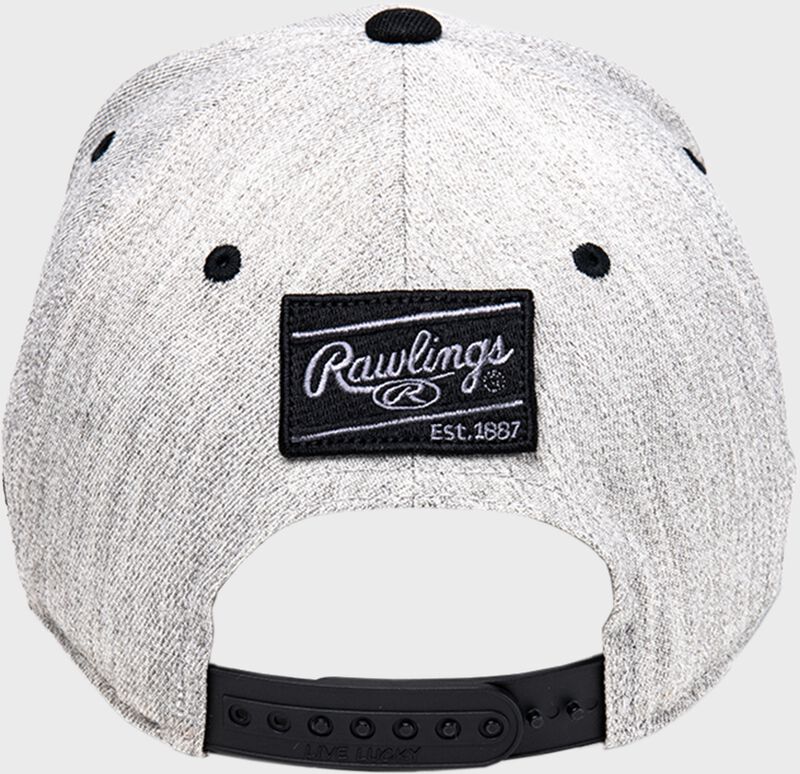 Back of a white Rawlings Black Clover "Baseball is Life" snapback hat with a black Rawlings patch - SKU: BCR1BIS
