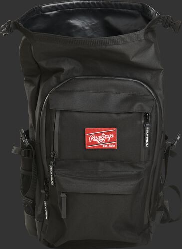 A black Rawlings CEO backpack with the roll top compartment opened up - SKU: CEOBP-B