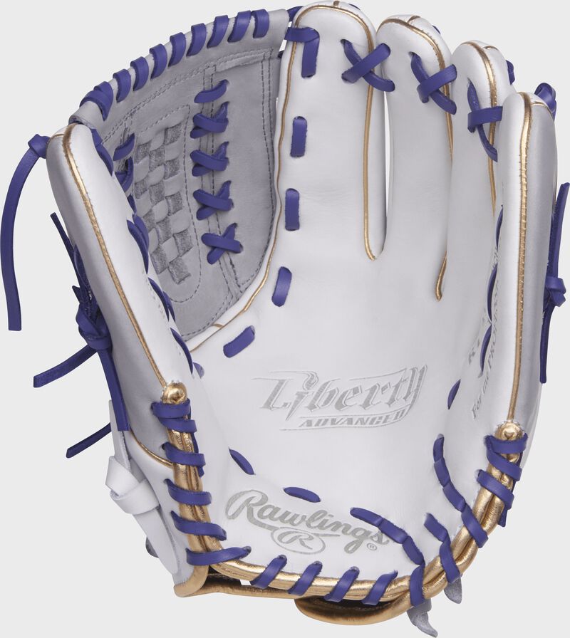 Palm view of a white RLA125-WPU Rawlings 12.5-inch fastpitch outfield/pitcher's glove with purple laces