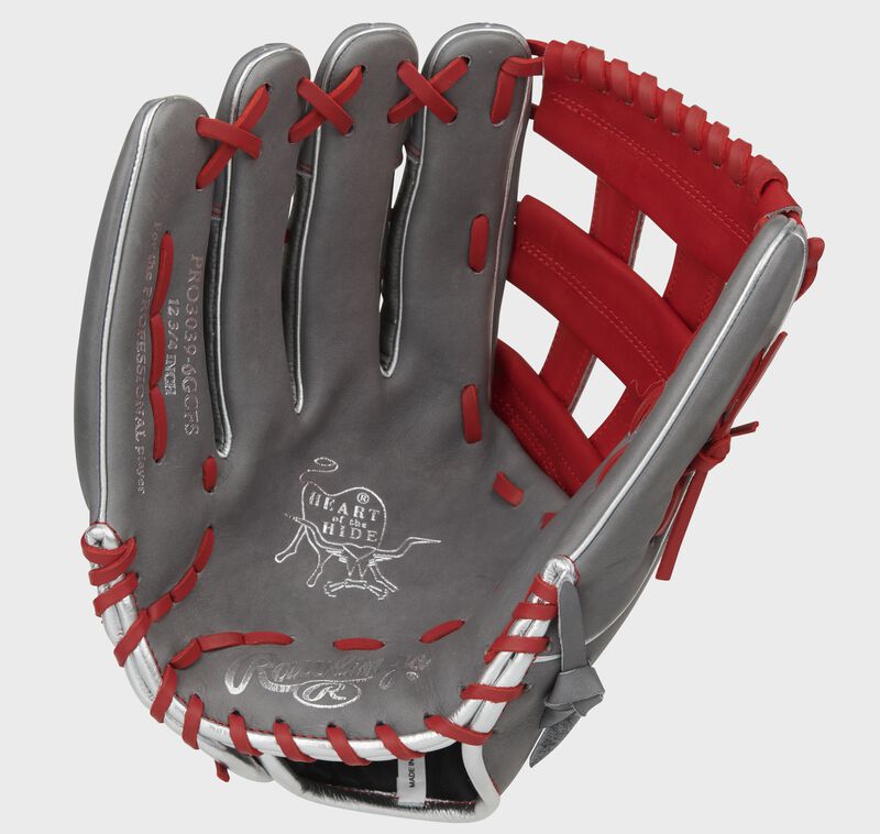 Gray palm of a Heart of the Hide Hyper Shell 12.75-Inch glove with a scarlet web and scarlet laces - SKU: PRO3039-6GCFS loading=