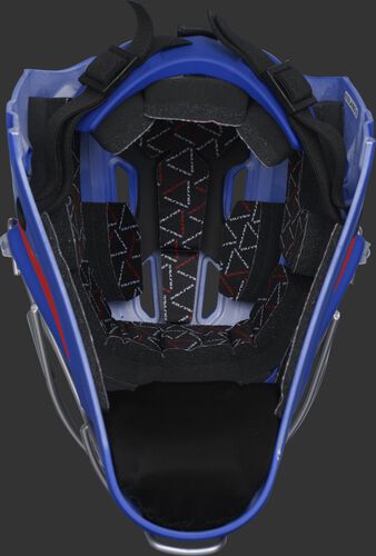 Inside foam of a royal/scarlet CHV27J Rawlings catcher's helmet