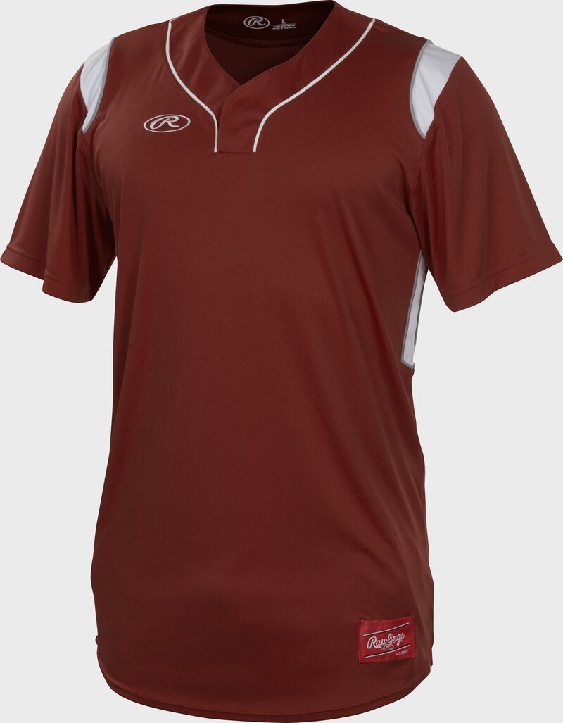 A cardinal Rawlings short sleeve hidden button jersey with white shoulder inserts - SKU: HBJ-C