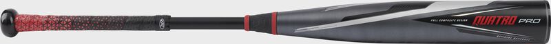 A gray 2022 Quatro Pro BBCOR -3 bat with a Lizard Skins grip - SKU: BB2Q3