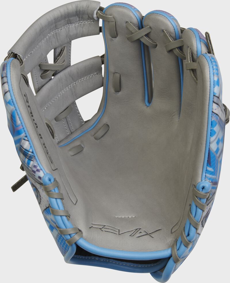 Gray palm of a Rawlings REV1X infield glove with gray laces - SKU: RSGRREV204-32G