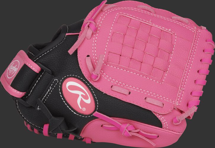 Thumb of a black Storm 10-inch fastpitch softball infield glove with a pink basket web - SKU: ACAST10BP