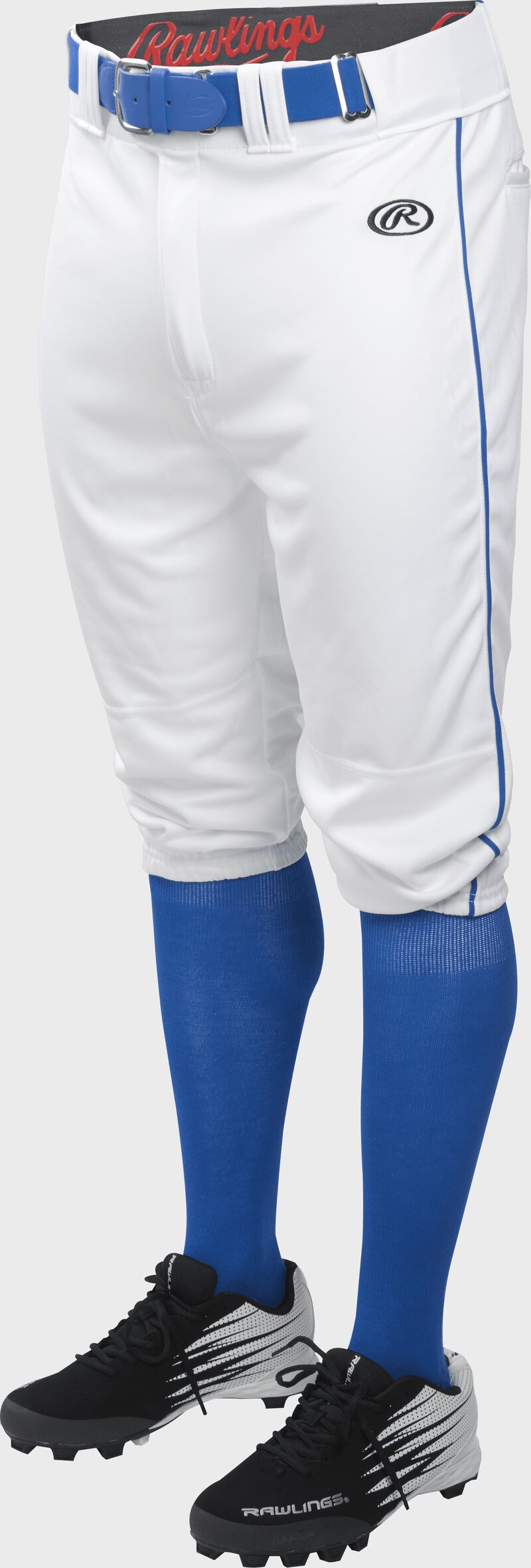 Front of Rawlings White/Royal Adult Launch Piped Knicker Baseball Pant - SKU #LNCHKPP-W/R