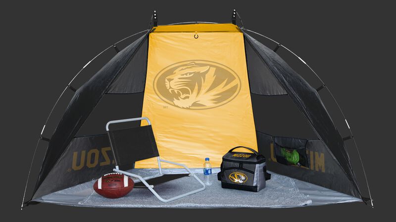 Back of a Missouri Tigers sideline sun shelter with a Tigers logo in the middle set up on a field - SKU: 00973086111