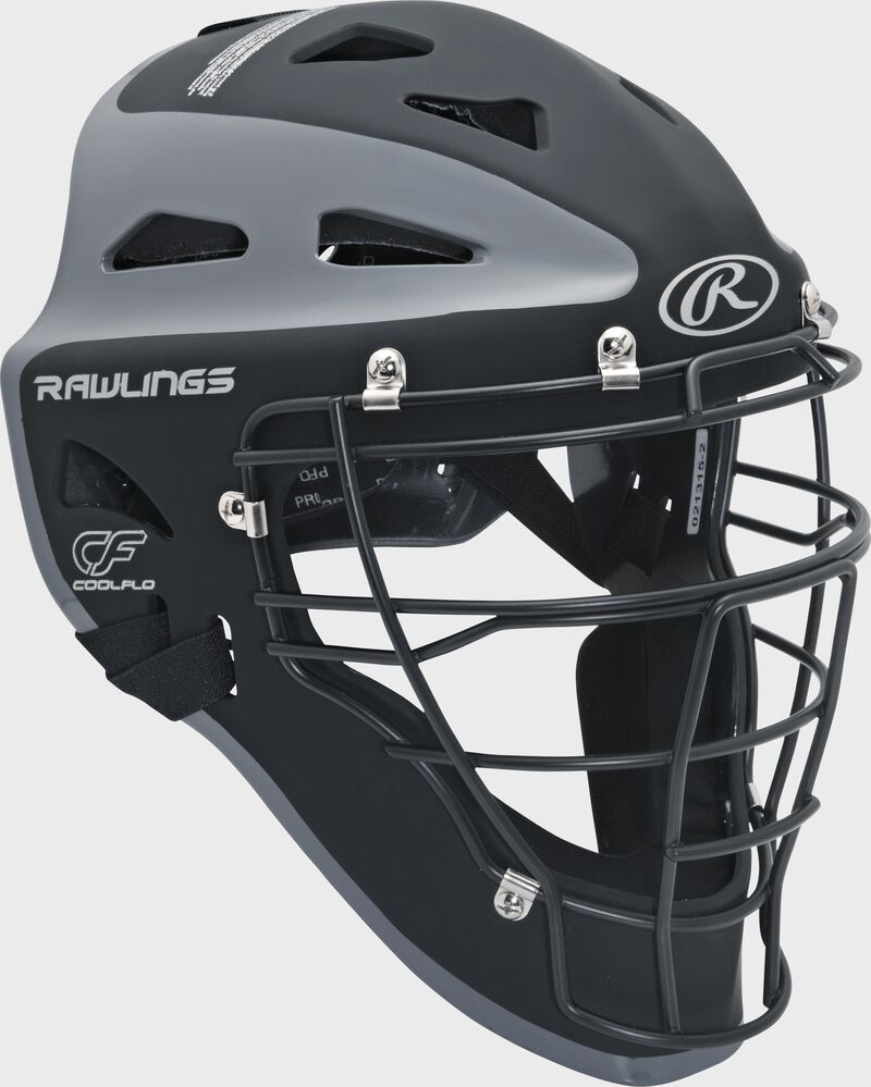 Front right of a black/graphite CHVEL Rawlings Velo adult catcher's helmet loading=
