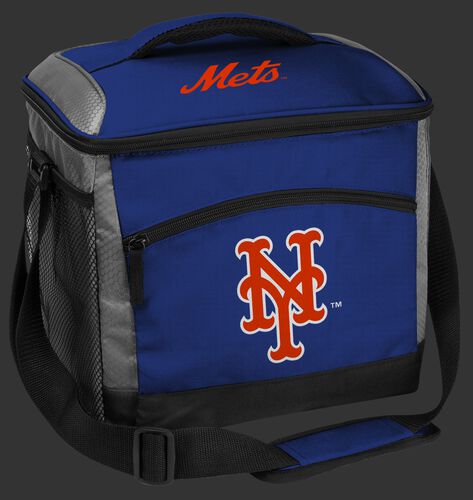 A blue New York Mets 24 can soft sided cooler with screen printed team logos - SKU: 10200017111