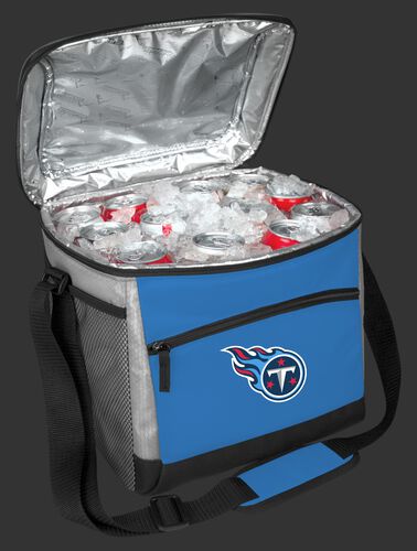An open Tennessee Titans 24 can cooler filled with ice and drinks - SKU: 10211069111