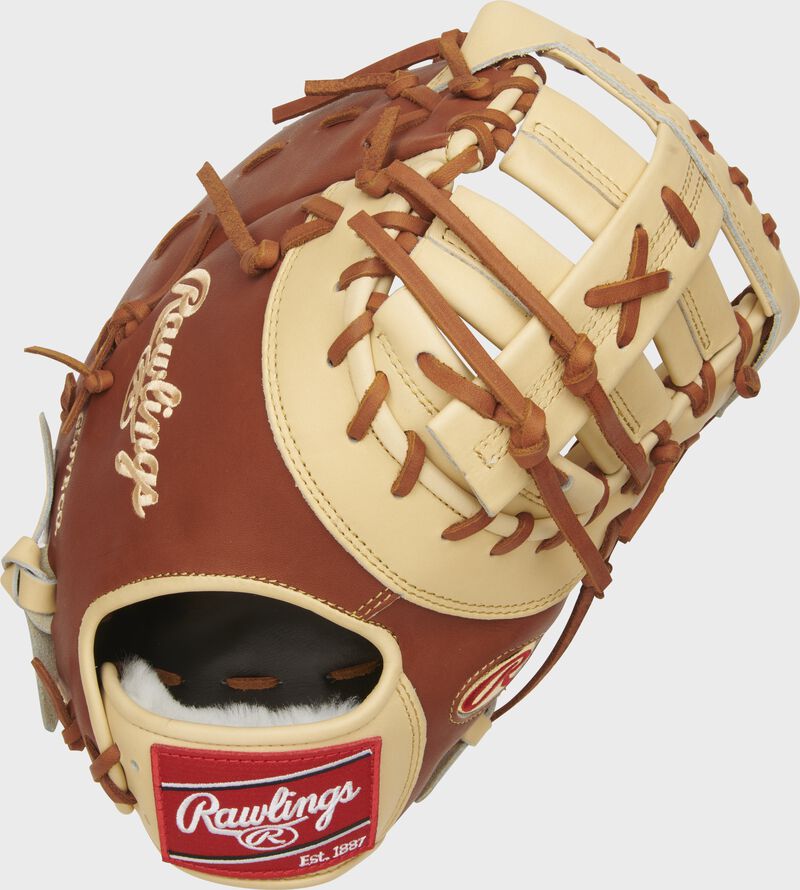 Bruciato back of a Pro Preferred Matt Olson first base mitt with a camel single post, double bar web - SKU: PROSDCTMO28