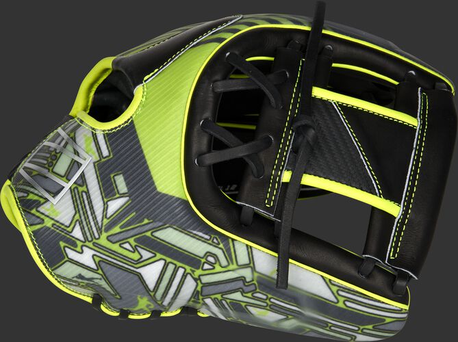 Thumb of a black/neon green 2022 REV1X 11.75-Inch infield glove with a sublimated design on the thumb and black I-web - SKU: REVFL12