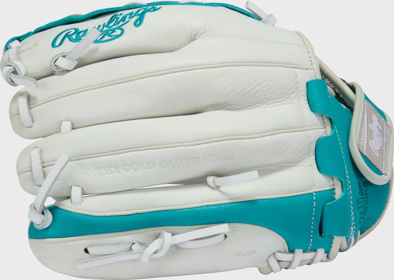 Finger backs of a white/teal Shut Out 12-inch Fastpitch Softball Glove