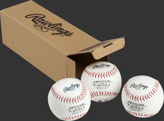 3 Rawlings practice balls in front of an open box - SKU: RSGTVBPK3
