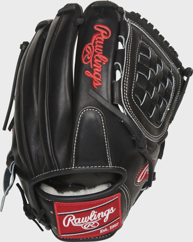 Back of a black Rawlings Pro Preferred 11.75-inch basket web infield/pitcher's glove - SKU: RSGPRO1175-3KBPRO