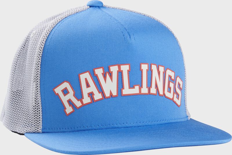 Front-right view of the Rawlings Light blue with white Rawlings lettering and orange outlining FlexFit Mesh Snapback Hat - SKU: RSGFC